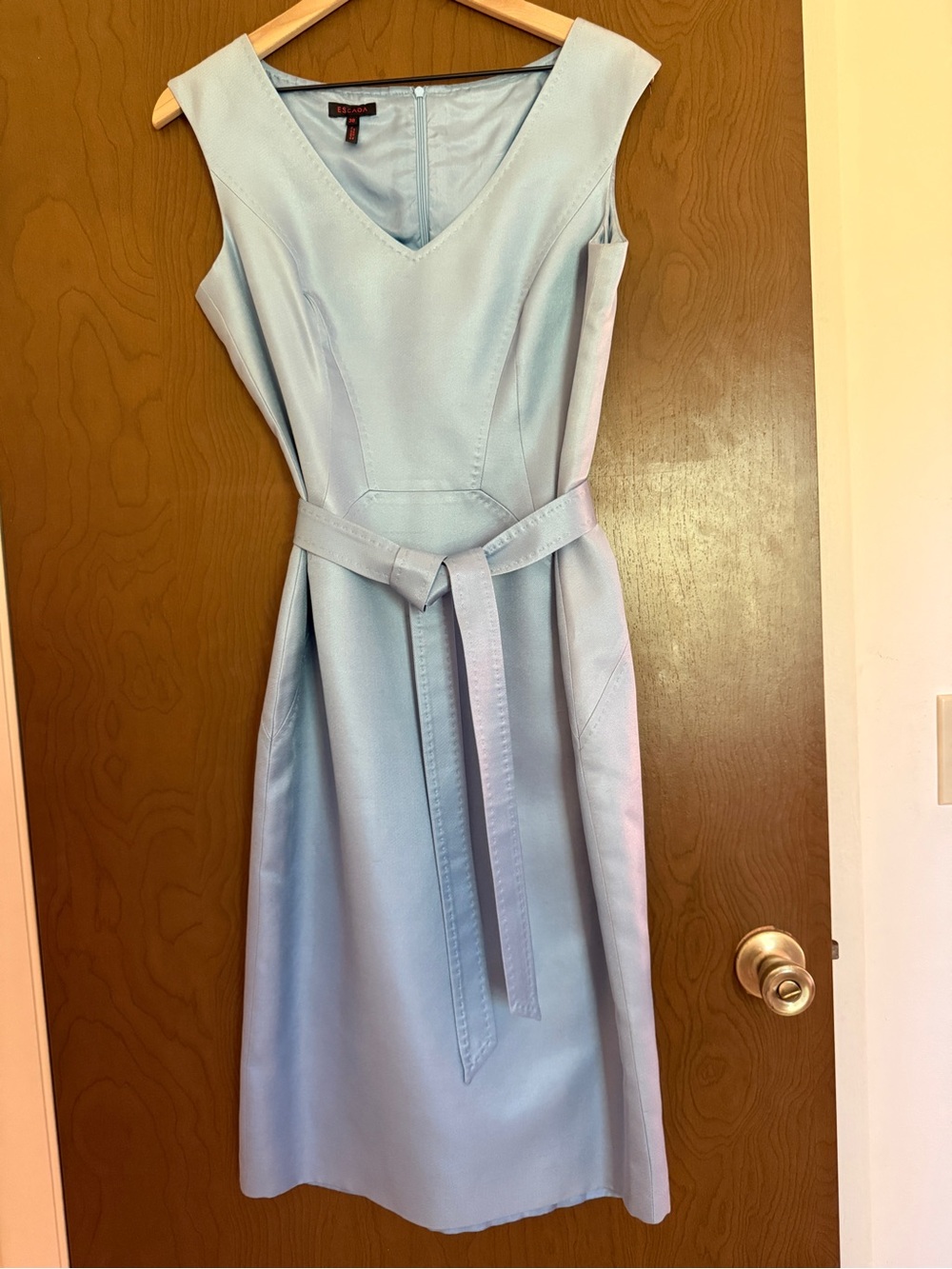 Escada Silk Blend Powder Blue Midi Dress with Tie Waist